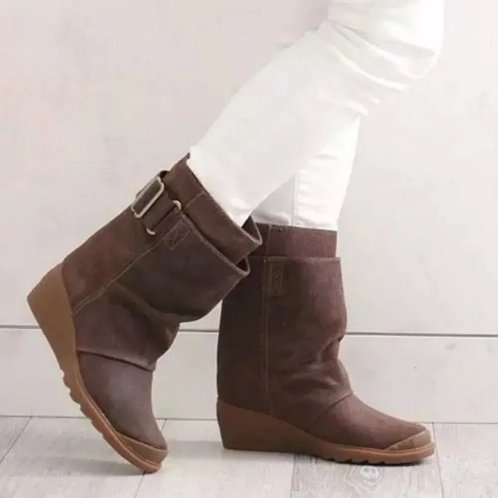 New Sorel‎ Toronto Mid Wedge Bootie Leather Brass Buckle -Brown size 9